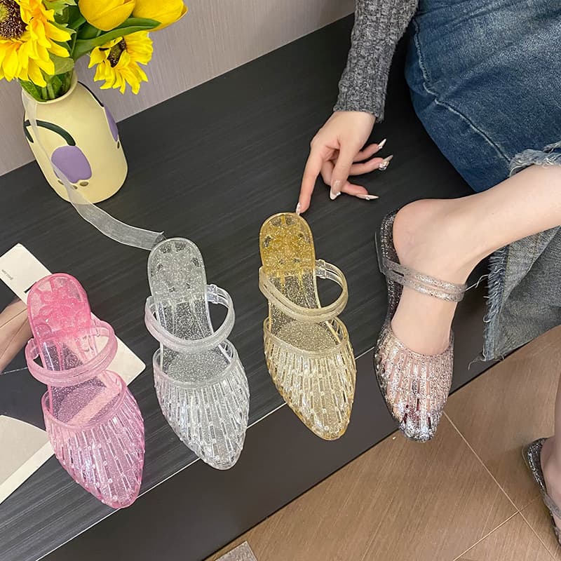 Fashionable Women's Sandals Summer New Style Versatile Anti-Slip Anti-Odor Coarse Heel Plastic Crystal Sandals For Outdoor Use
