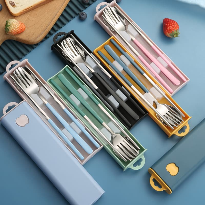 304 Stainless Steel Spoon, Fork, and Chopsticks 3-Piece Set, Korean Style, Portable Cutlery Box for Home and Students