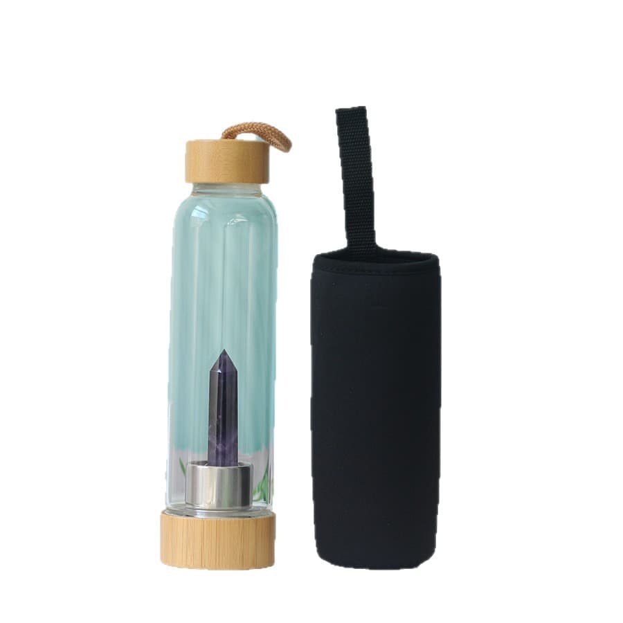 Amazon Natural Hexagonal Crystal Glass Water Bottle with Bamboo Lid - Amethyst Gemstone Crystal Column Energy Cup