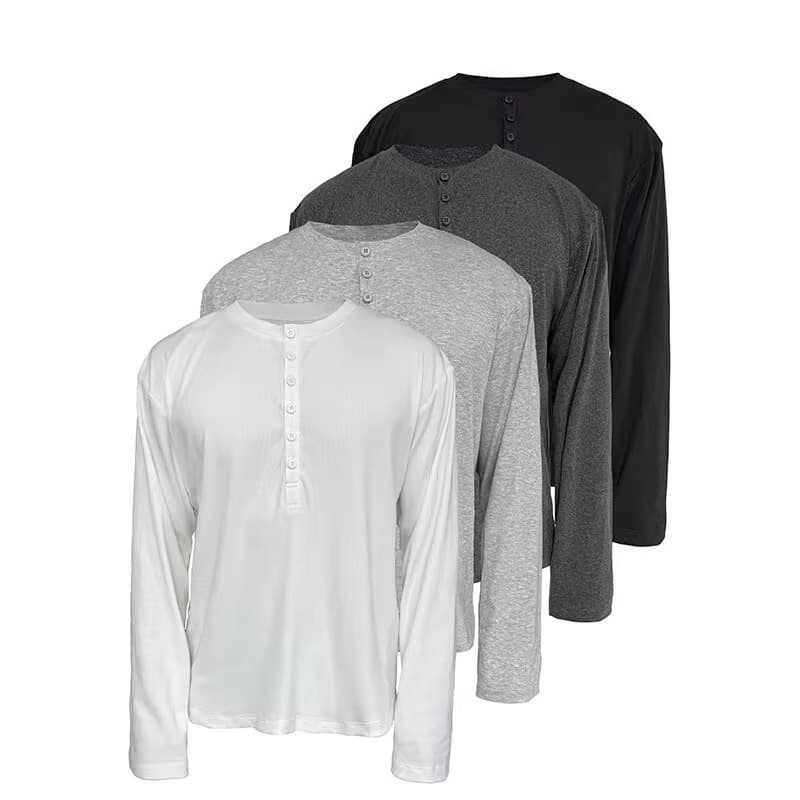 Henley Collar Solid Color Long-Sleeve T-Shirt for Men, 2026 Autumn Simple Loose Base Layer, Korean Style Casual Versatile Tee