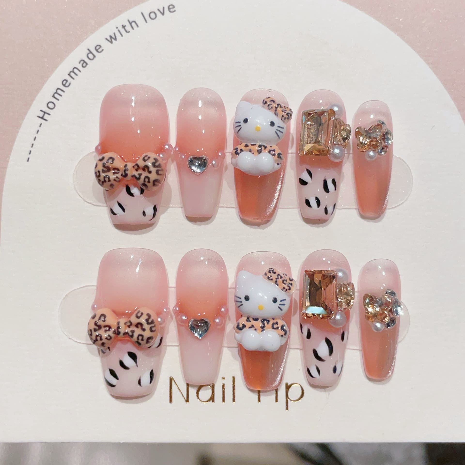 New pure handmade wearable nails amber KT cat eye fake nail bow high-end whitening manicure patch
