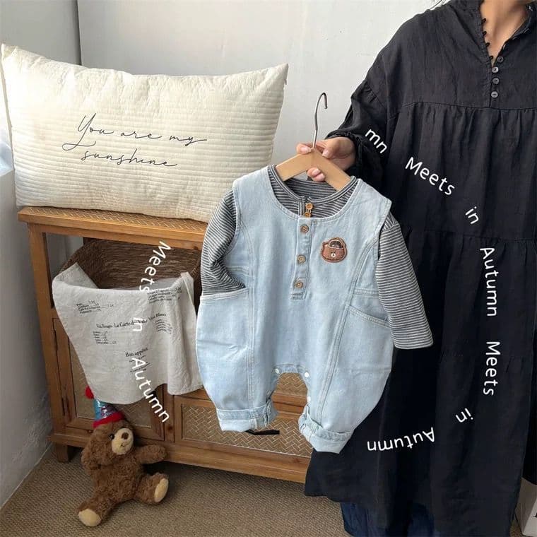 Boys infant overalls baby boy denim jumpsuit autumn striped bottoming outing overalls suit trendy