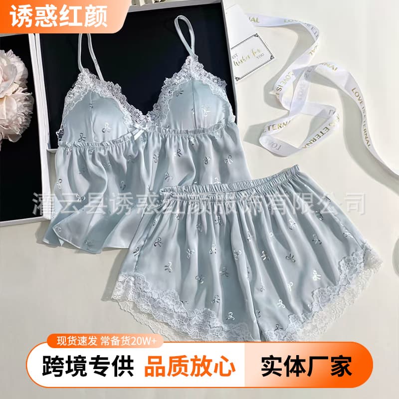 Women's Summer Camisole Pajama Set with Silver Foil Print Silk Camisole and Shorts, Comfortable Loungewear Two-Piece Set