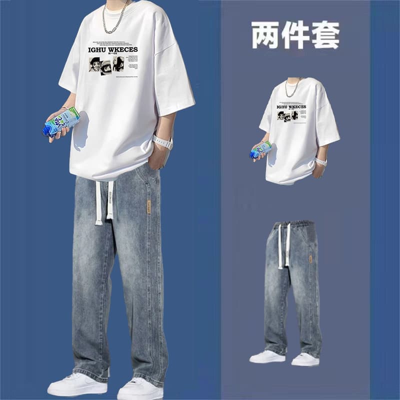 Hong Kong Style Short-Sleeved Suit for Men, Summer Trendy Brand Youth Fashion Set with Jeans, Loose T-Shirt Two-Piece Set