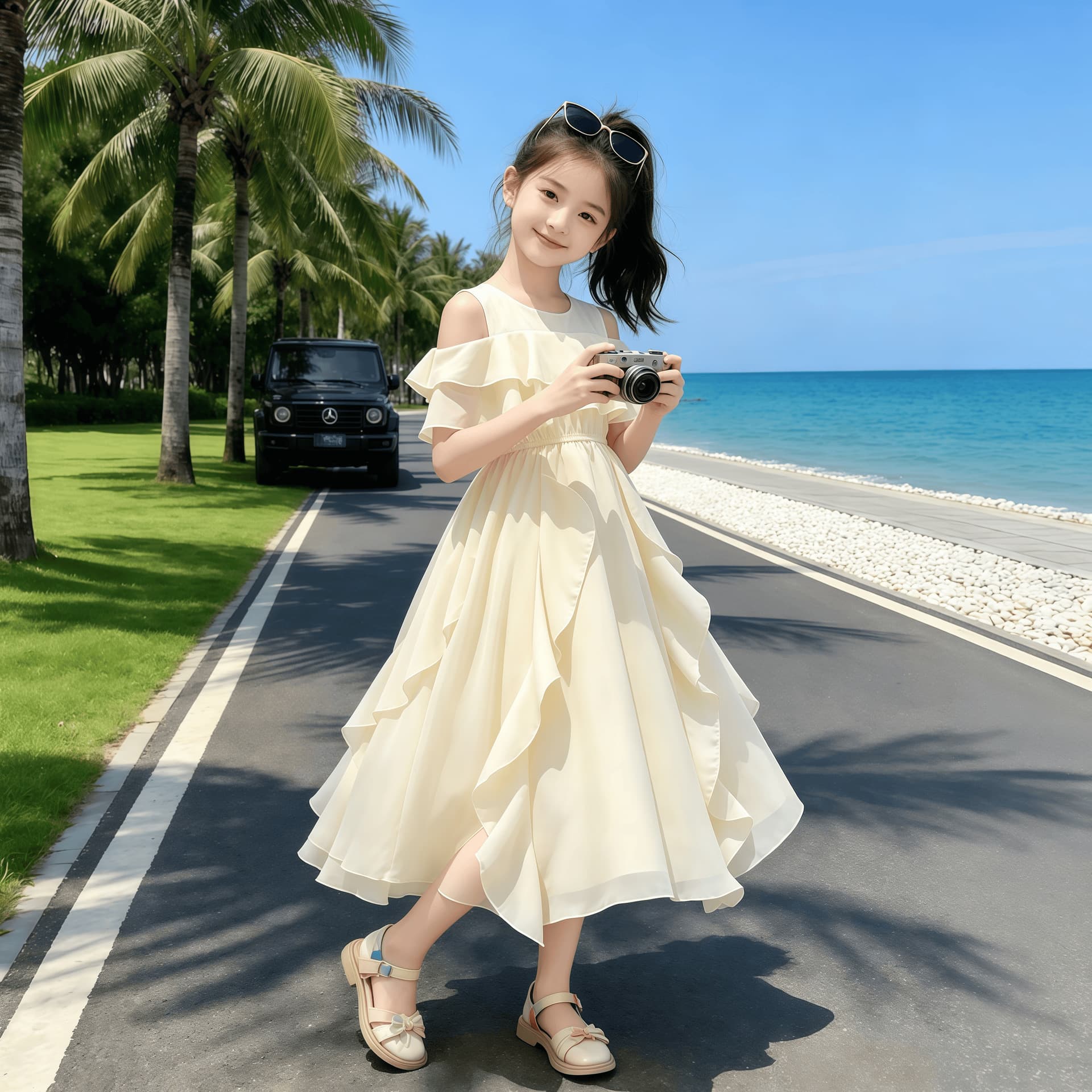 Girls Summer New Off-Shoulder Chiffon Dress for Middle and Big Kids, Elegant Princess Dress White Sleeveless Cake Dress Summer Wear