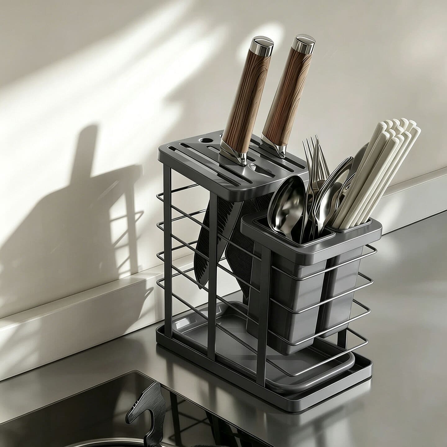 Kitchen Knife Rack Storage Shelf, Countertop Chopstick Spoon Holder, Multifunctional Knife Block with Drainage, Knife Organizer