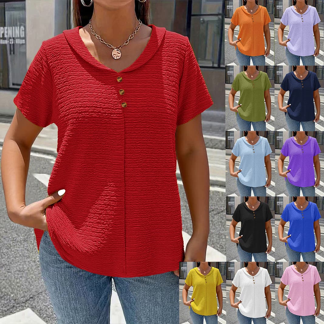 Elegant Women's Solid Color Textured Pleated Fabric Doll Collar Button T-Shirt for Amazon Cross-Border Foreign Trade
