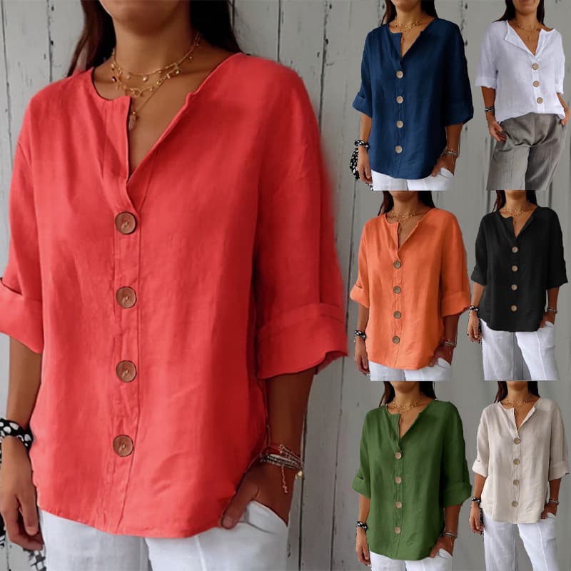 Amazon 2025 cross-border European and American summer new foreign trade loose shirt women's V-neck button T-shirt tops for women