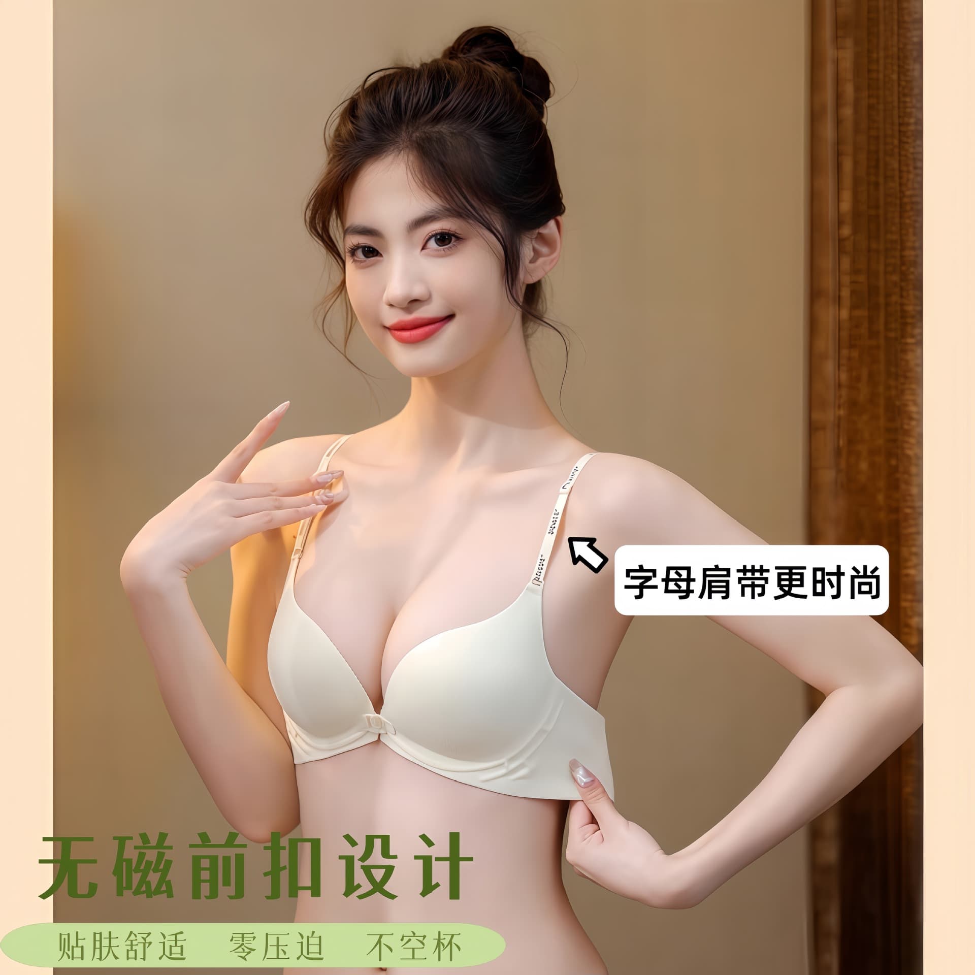 2025 Front Buckle Beautiful Back Bra for Women with Small Busts, Push-Up Letter Strap Bra for Young Girls, Summer Thin Style with Nude Feel and Chest Pads
