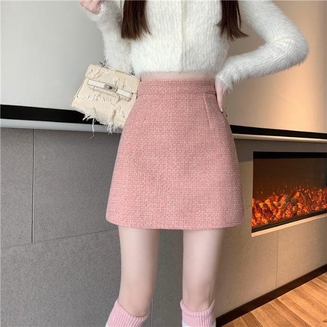 Chanel-Style Tweed Short Skirt for Women, Fall/Winter Petite Slimming High-Waist A-Line Wool Midi Skirt
