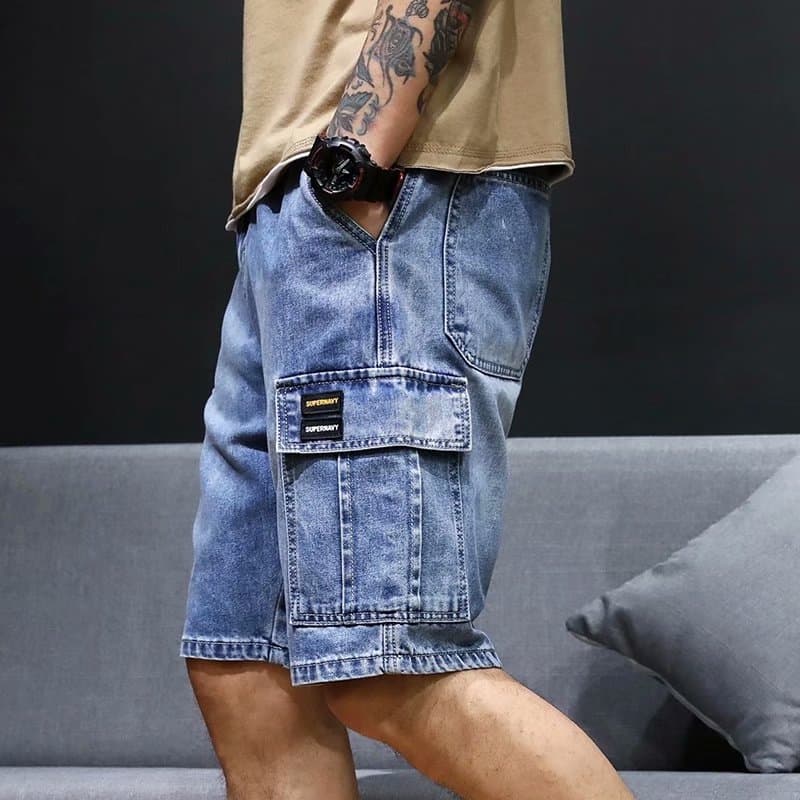Summer Thin Multi-Pocket Denim Shorts for Men, Cargo Style with Multiple Pockets, Five-Point Loose Fit, Big Size Dad Shorts, Seven-Point Riding Shorts