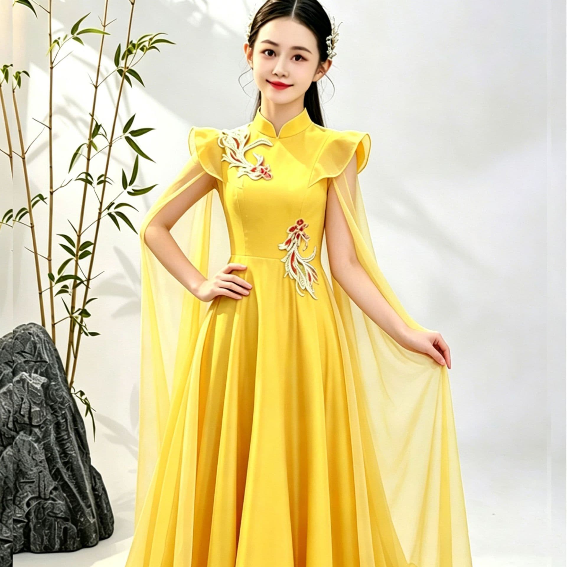 Children's Guzheng Performance Dress, Chinese Style, Yellow Satin Long Skirt for Girls, Stage Performance, Folk Music Solo, Art Exam Gown