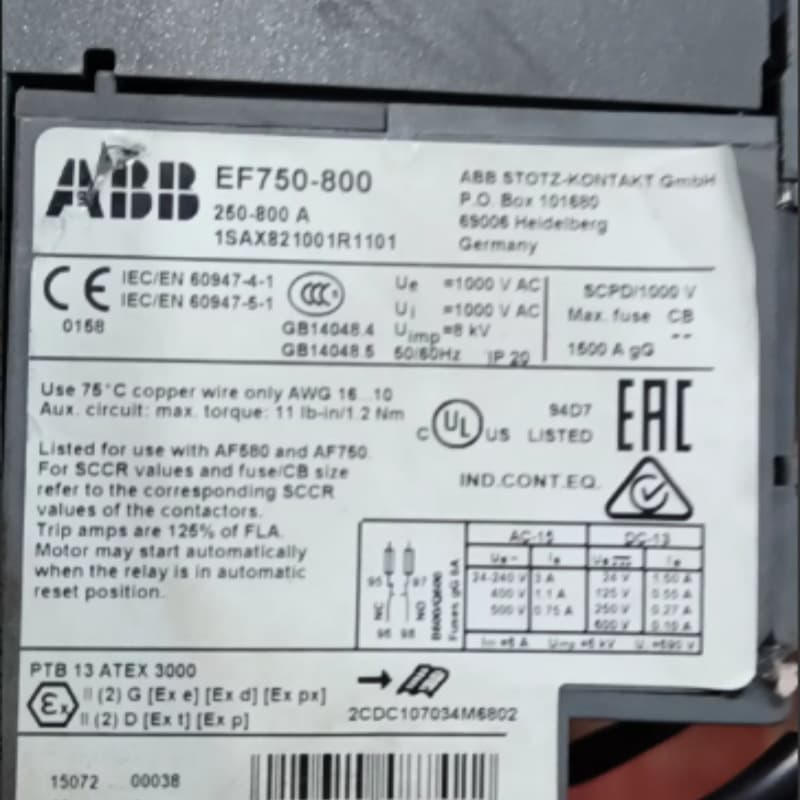 ABB Thermal Overload Relay EF750-800 Order Number 1SAX821001R1101