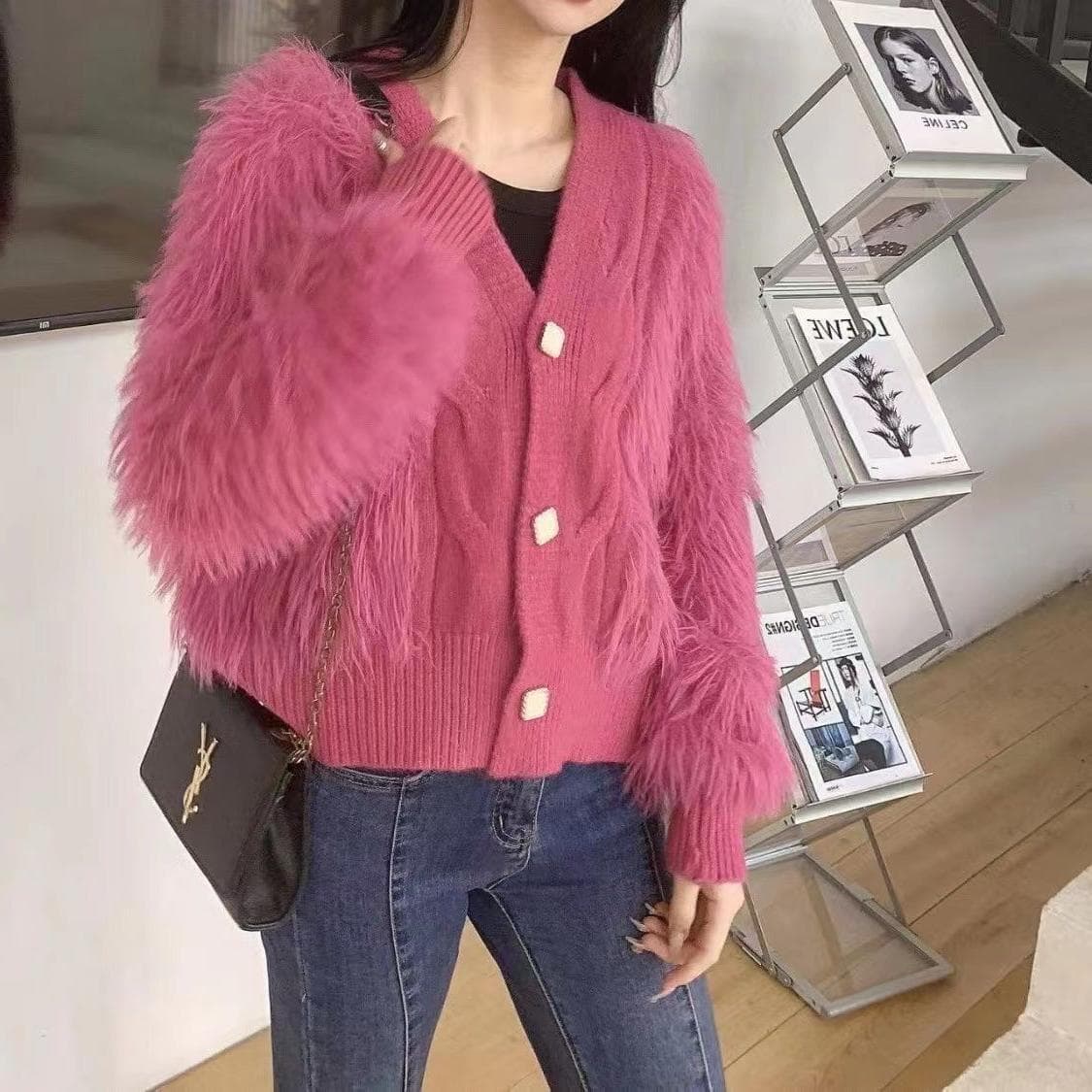 2023 Autumn/Winter New Knit Cardigan for Petite Women Short Thickened Faux Mohair Cardigan Loose Slimming Sweater