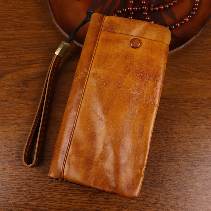 New Top Grain Cowhide Hand-Rubbed Vegetable-Tanned Leather Distressed Men's Long Wallet Zip Multi-Functional Vintage Card Holder