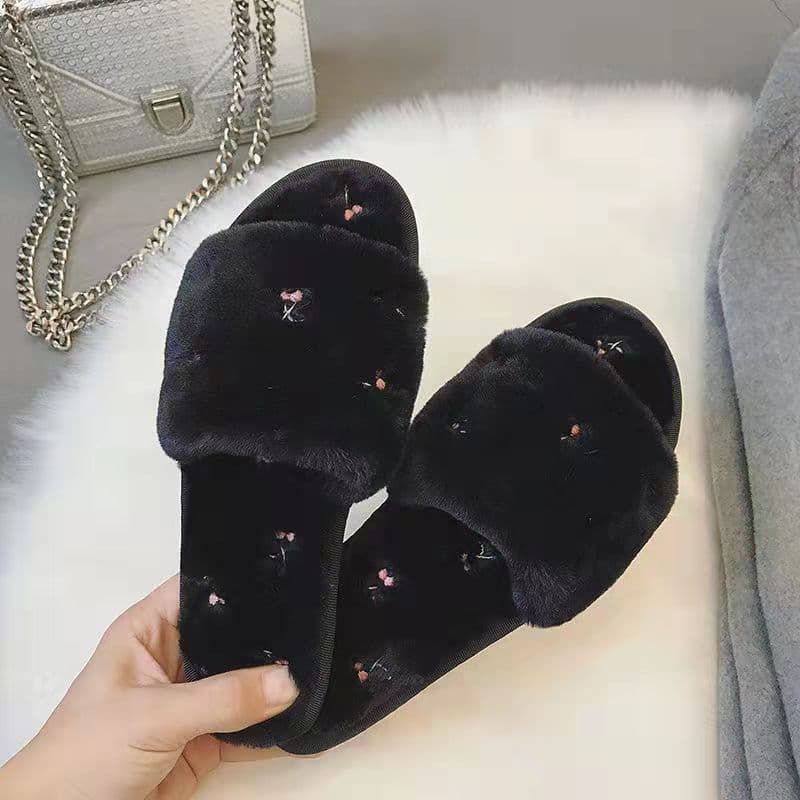 Four Seasons New Style Open-Toe Furry Slippers TPR Flat Non-Slip Embroidered Soft Sole Open-Toe Women's Cotton Slippers