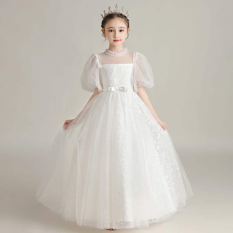 Girls Princess Dress Flower Girl Wedding Little Girl Tutu Children's Birthday Host White Tulle Performance Costume Summer