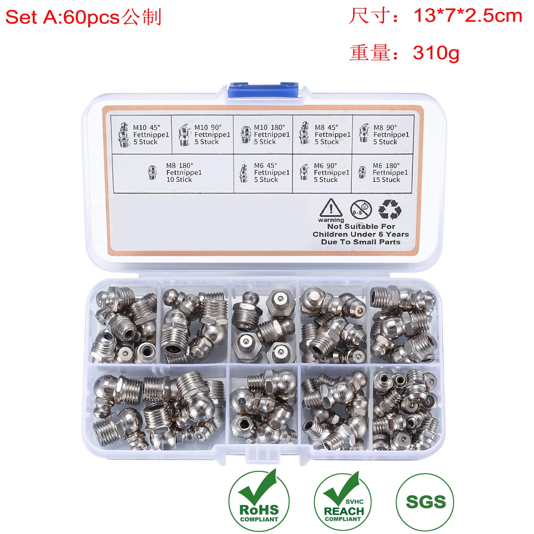 60-Piece Metric Grease Nipple Kit Straight and Angled M6 M8 M10 45 90 Degree Hydraulic Grease Fitting Set