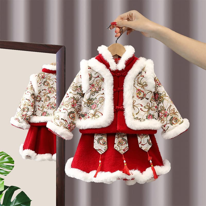 Girls' Winter New Year Clothes Children Chinese Style Dragon Year Tang Suit New Year Baby Greeting Suit First Birthday Dress Wholesale
