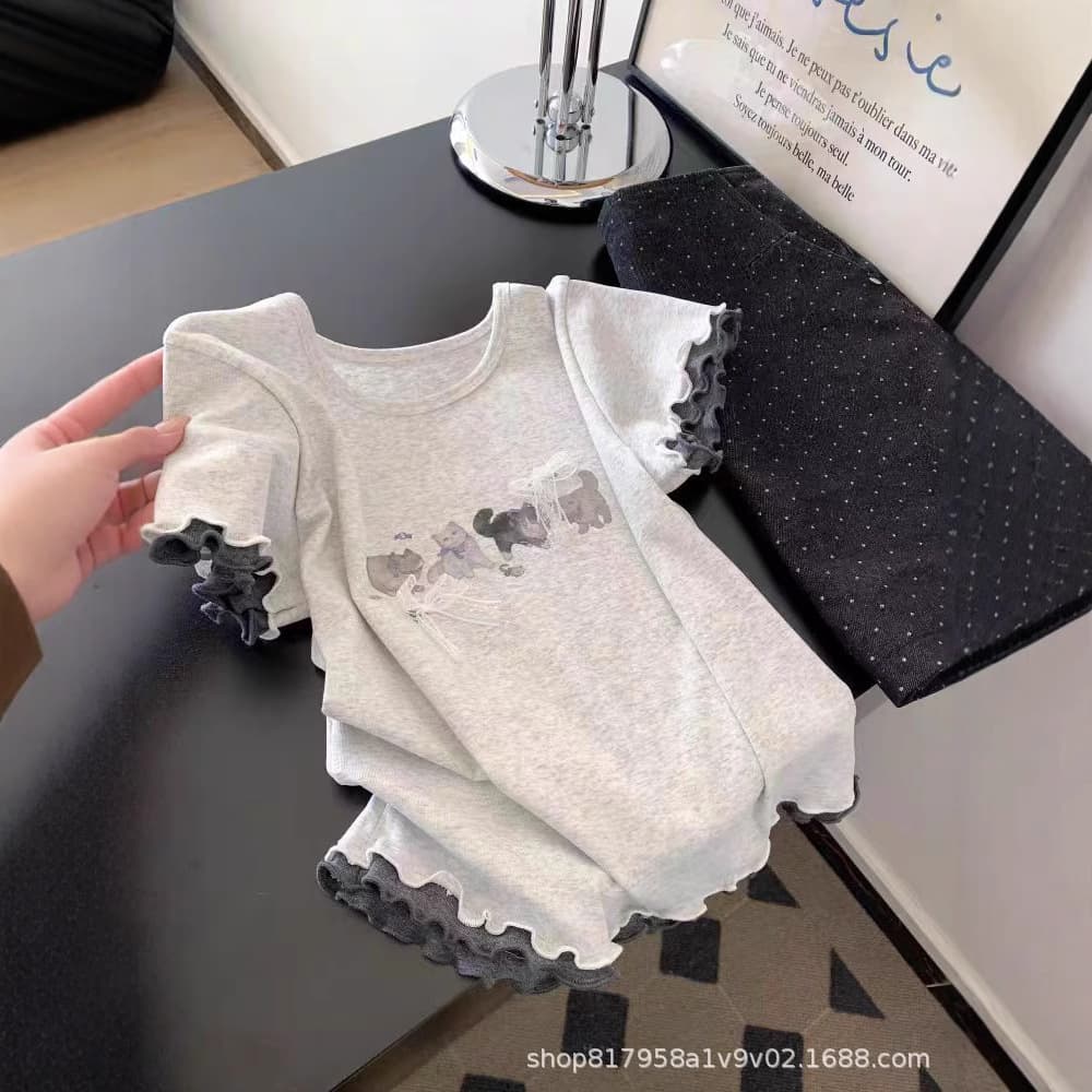 Korean Style Cat Print Lace Butterfly Knot Short Sleeve Women's T-shirt Slim Fit Summer High End Sensation Shoulder Level Top