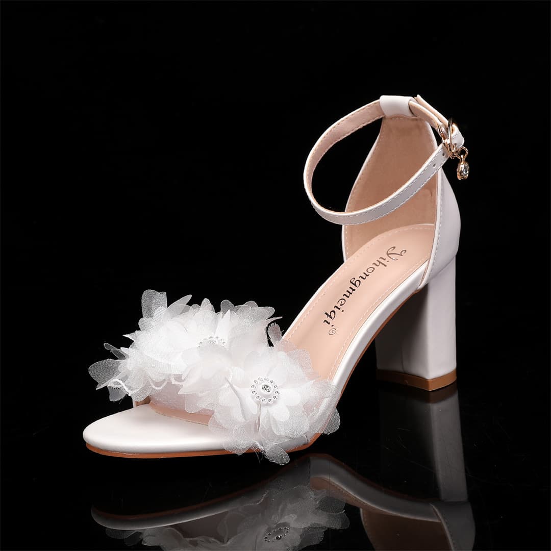 2025 One-Strap New Style Peep-Toe High Heels Chunky Heel Shallow Mouth Rhinestone Pearl Women's Single Shoes Wedding Bride