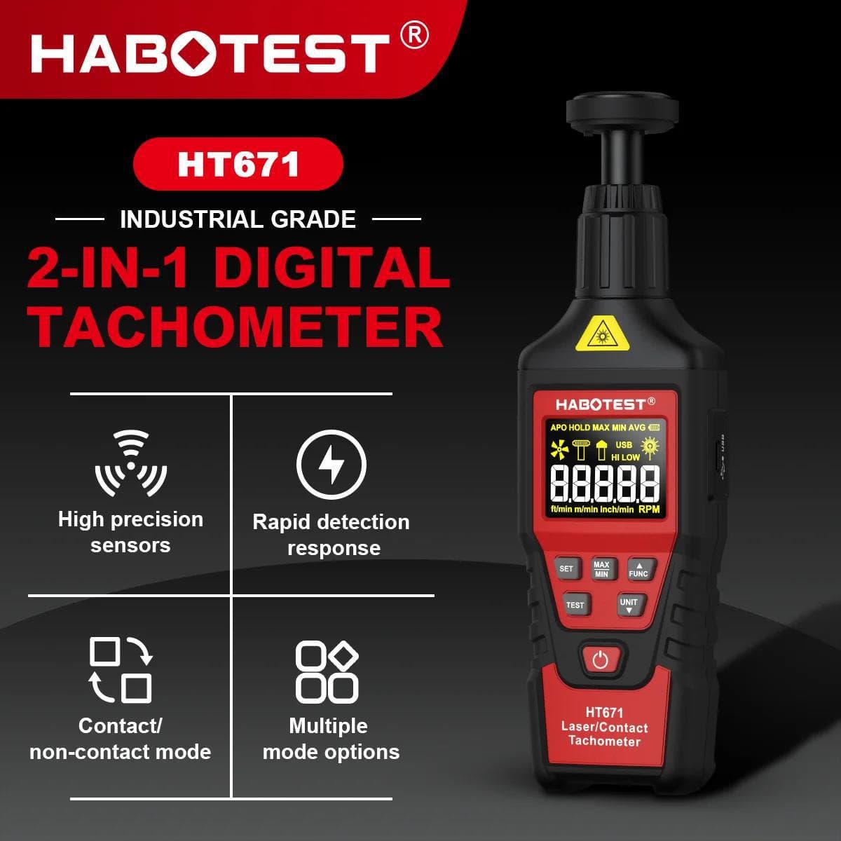HABOTEST HT671 Tachometer Laser Motor High-Precision Speed Meter Handheld Digital Tachometer