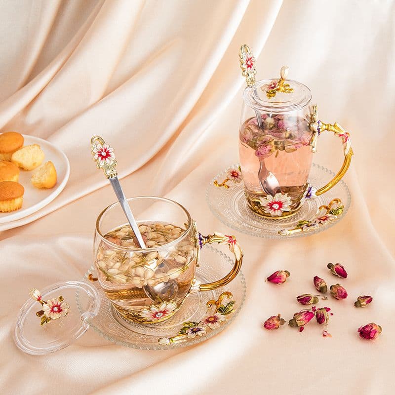 Enamel Glass Water Cup for Home, Enamel Glass Tea Cup, Glass Cup with Lid, Floral Tea Cup, Elegant Cross-border Wholesale