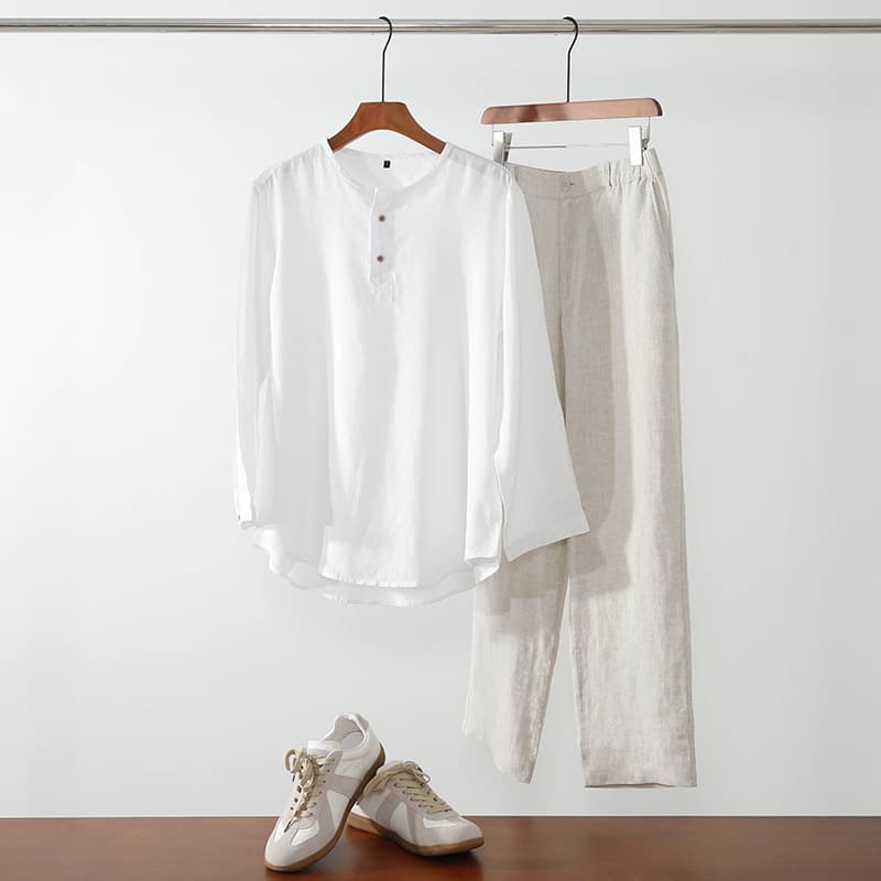 Linen round neck shirt men's elastic waist trousers loose large size cotton and linen long-sleeved pullover shirt linen suit