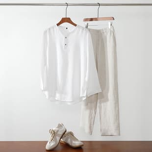 Linen Round Neck Shirt for Men, Elastic Waist Long Pants, Loose Large Size, Cotton-Linen Long Sleeve Pullover, Linen Suit