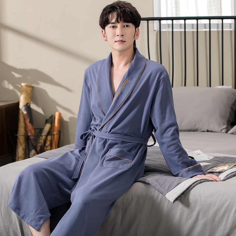 Spring and Autumn Men's Bathrobe Cotton Long Sleeve Plus Size Men's Bathrobe Integrated Long Style Spring and Summer Pajamas