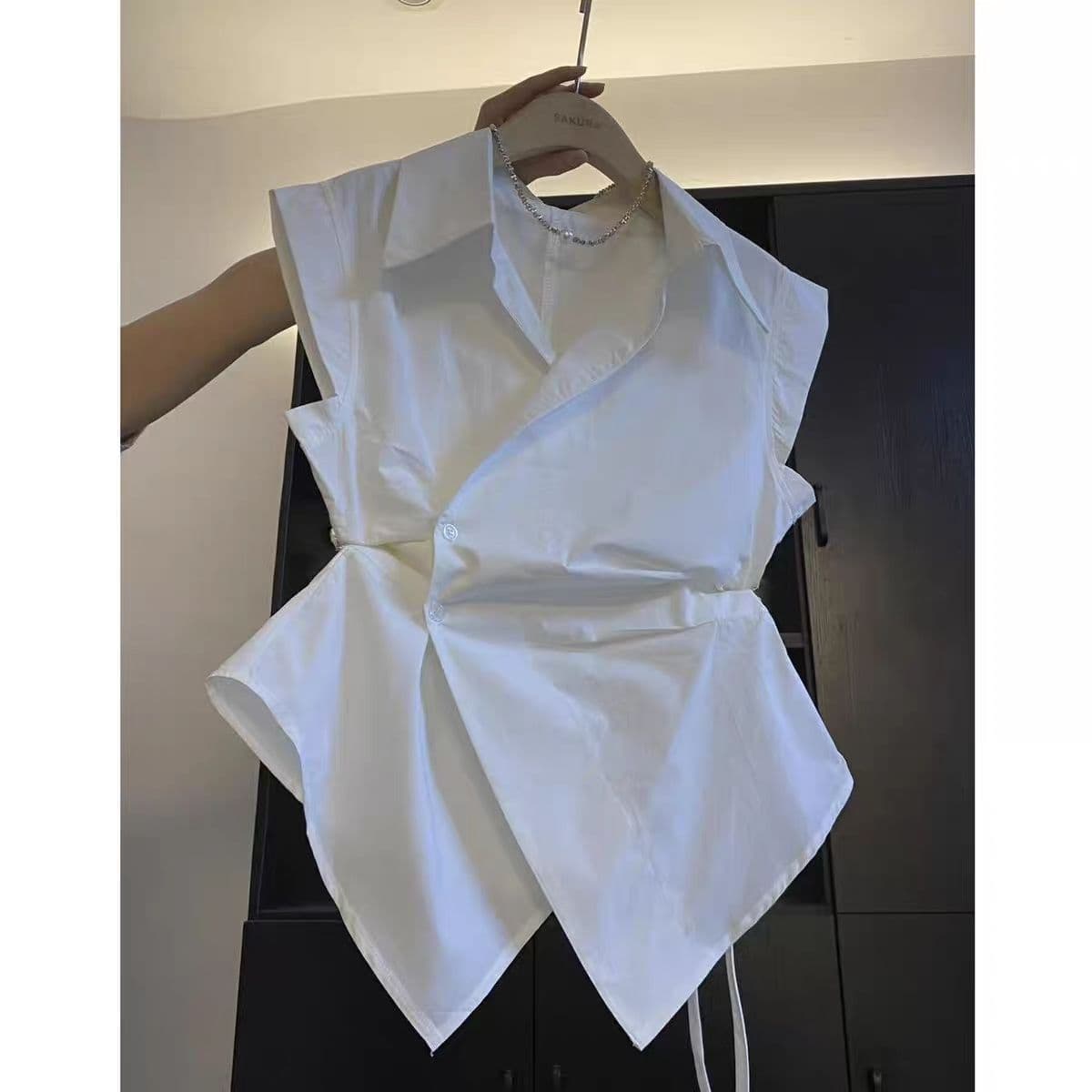Summer Korean Style Sleeveless Vest Polo Collar Diagonal Placket Waist-Slimming Cotton Blend Shirt White Top for Women
