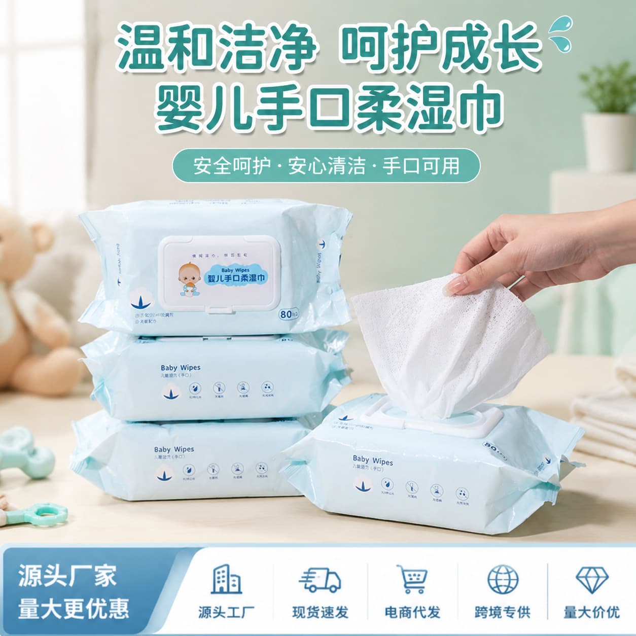 Baby Hand and Mouth Cleaning Wipes Large Pack Baby-Specific Pure Water Care Decontamination Hygiene Soft Wipes Wholesale Wet Wipes