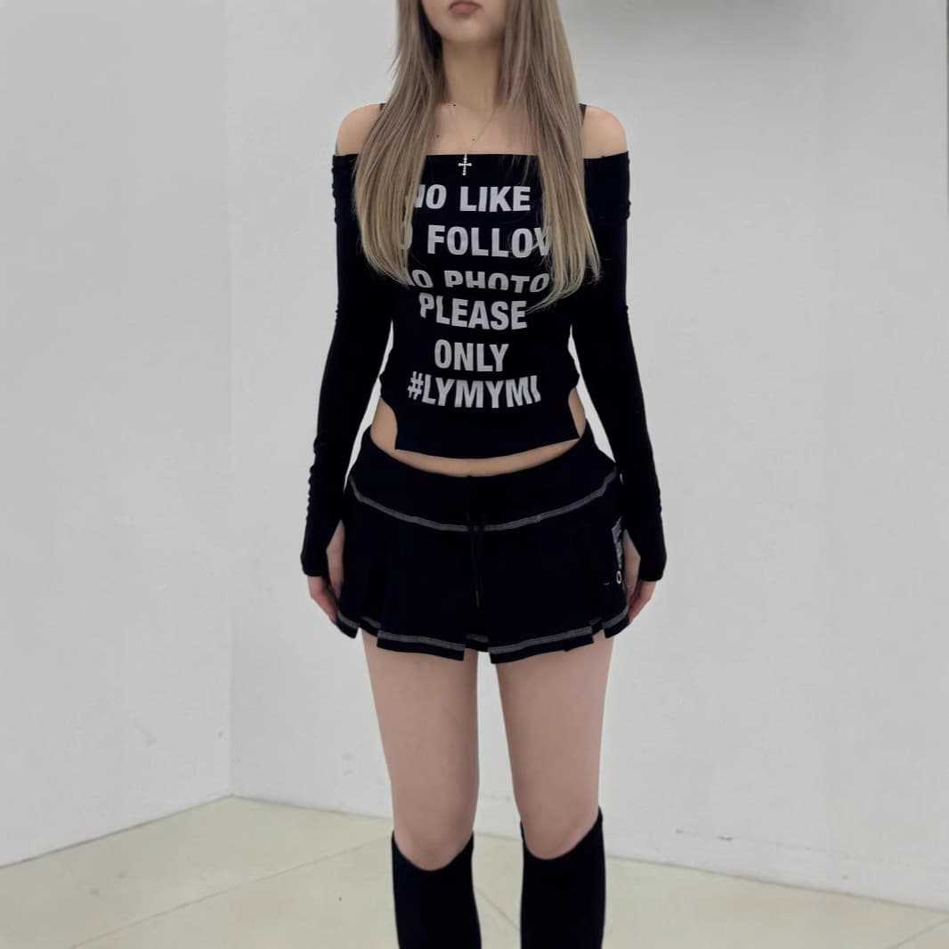 Spring/Summer New American Y2K Letter Print Long Sleeve Base Top for Women, Fitted Off-Shoulder Cropped Top