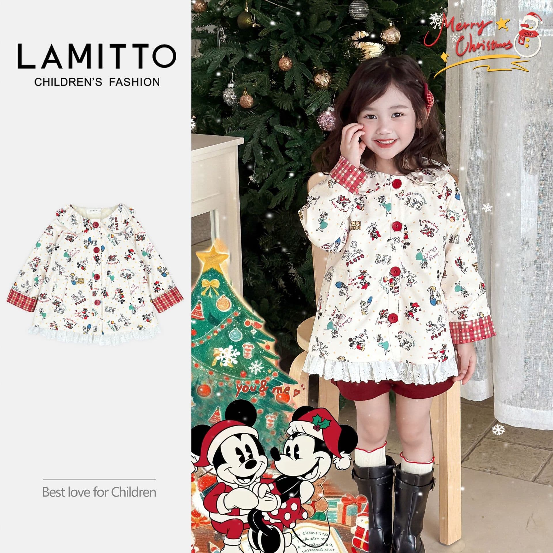 2025 LAMITTO Cartoon Print Plaid Cuff Chinese New Year/Christmas Style Fleece-Lined Thick Crystal Fleece Outerwear