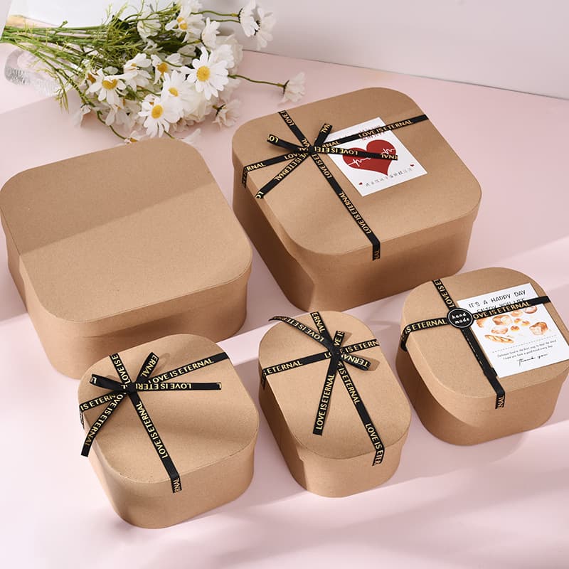 Lid and Base Round Corner Gift Box with Bow, Kraft Paper Box for Wedding Favors, Packaging Box for Baking and Birthday Gifts