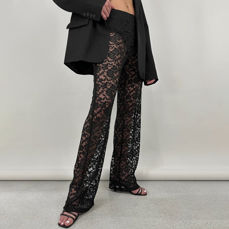 Cross-Border 2026 Summer New Arrivals Sexy Versatile Lace See-Through High-Waisted Patchwork Long Straight-Leg Pants for Women in Stock