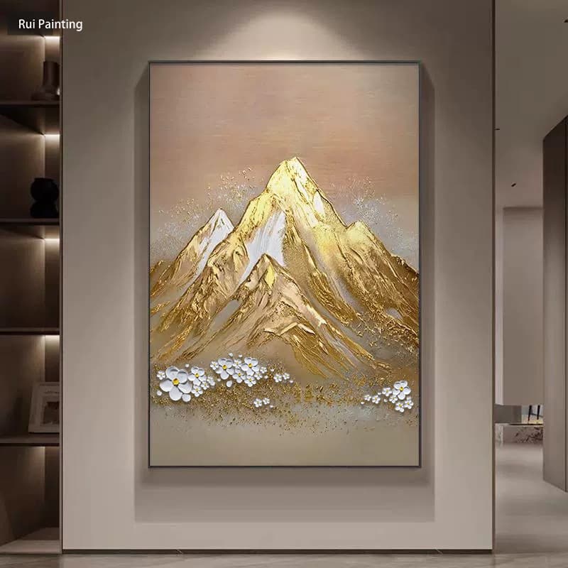 Pure Hand-Painted Sunlit Golden Mountain Wall Art Dafen Oil Painting Relief Texture Entryway Decorative Gold Leaf Entry Door Corridor