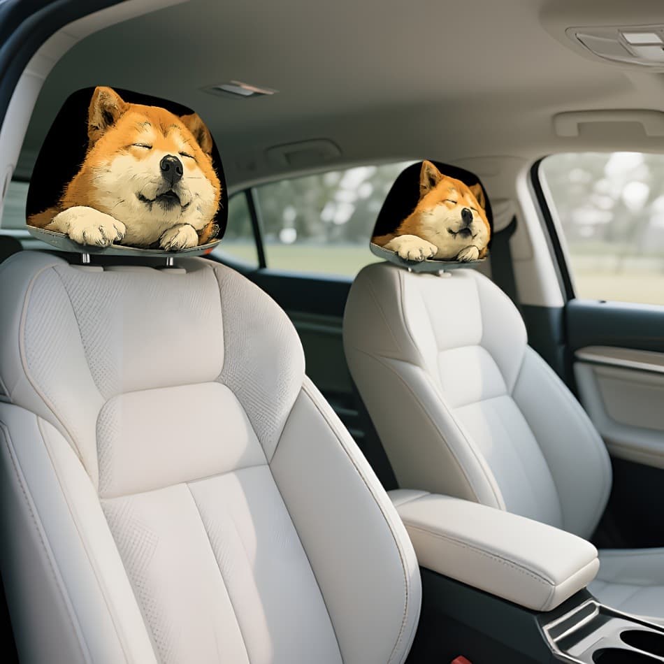 Car Headrest Cover Cute Funny Closed Eyes Shiba Inu Print Universal Car Pillow Cover, Custom Logo and OEM Available, Custom Design with Your Image