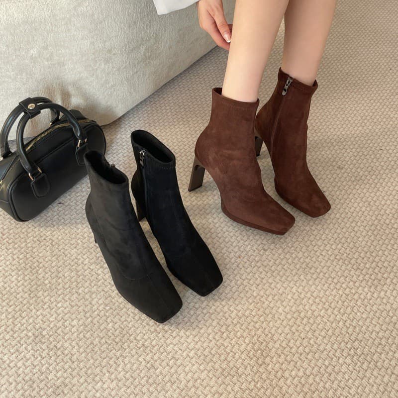 2026 Autumn Winter New Short Boots Hot Style Short Boots Women Brown Block Heel Single Boots High Heel Stretch Boots Square Toe Boots