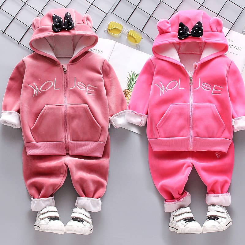 Children's Velvet Outfit Baby Girl Fleece Hoodie Autumn Winter Clothes 0-3 Years Old Toddler Double-sided Velvet Two-piece Set
