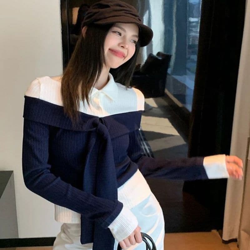 College Style Chic Contrast Color Stitching Fake Two-Piece Long-Sleeved T-Shirt for Women, Autumn Korean Style Versatile Polo Collar Top