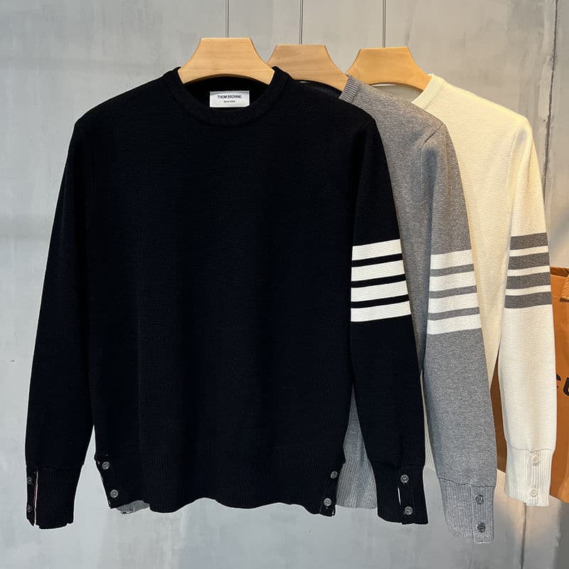 Autumn and winter round neck casual four-stripe sweater, men's long sleeve versatile slim fit knitwear, trendy men's wear warm wool top.
