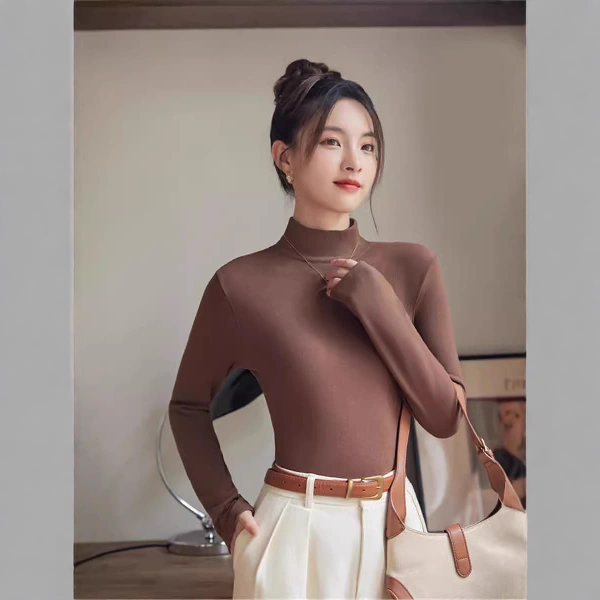 Women's Mock Neck Base Layer Top 2024 New Arrival, Fleece-Lined Thick Long Sleeve for Spring, Autumn, and Winter, Slim Fit Single Piece Top 602