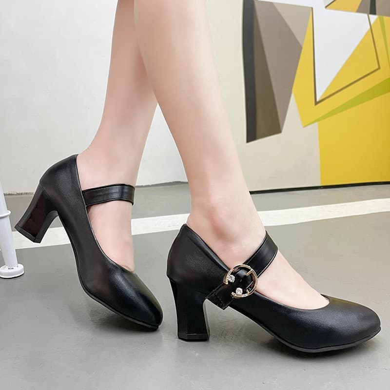 Women's Loafers 2025 Spring Soft Sole Chunky Heel Single Strap High Heel Shoes Mid Heel Pointed Toe Shallow Buckle Leather Shoes Fashion
