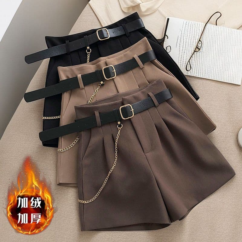 Thickened autumn and winter suit shorts for women's outerwear, new Korean style high-waisted A-line wide-leg pants plus velvet boot pants casual pants