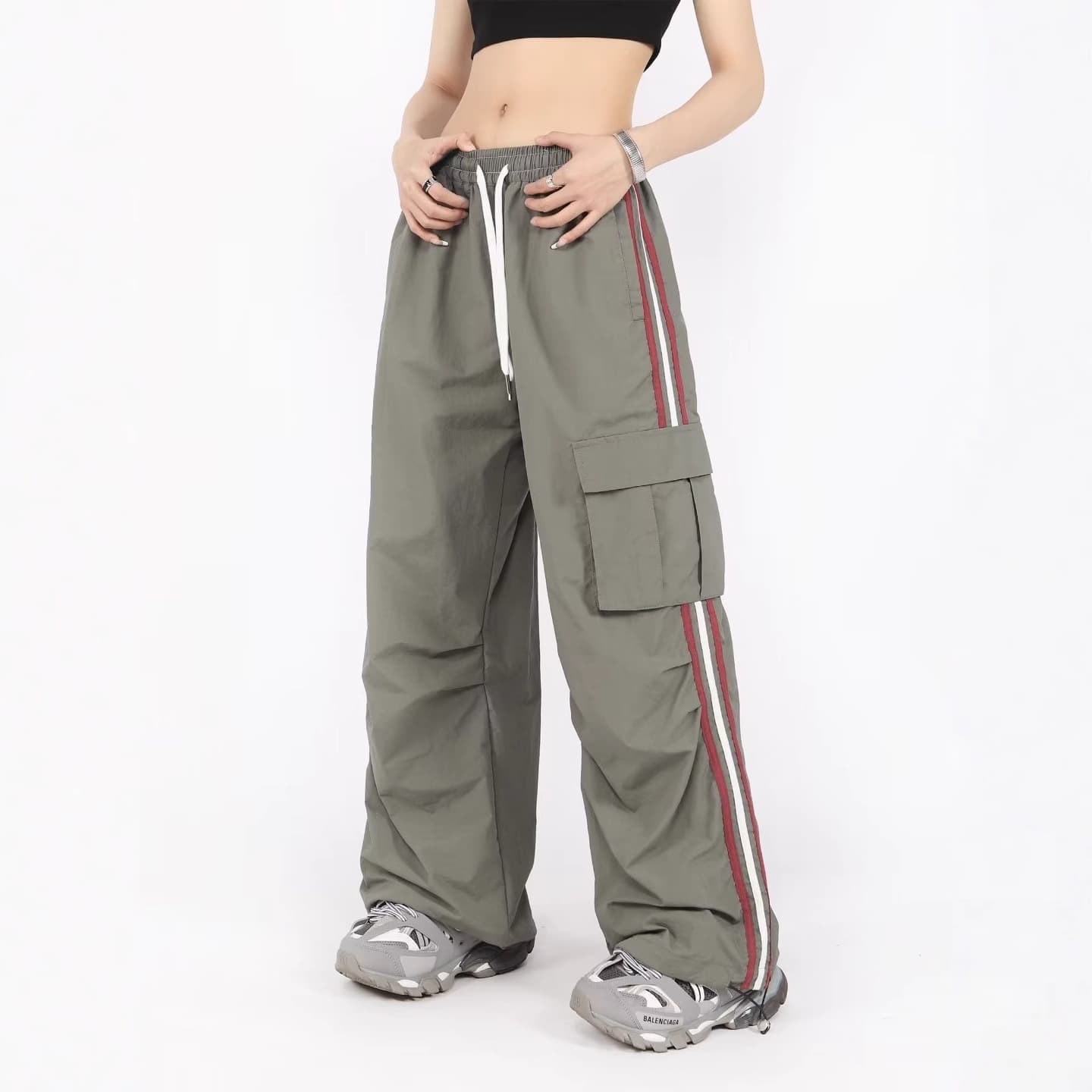 Women's American Work Pants Summer Loose Straight Wide Leg Casual Pants Vintage Color Block Striped Sports Cargo Pants Trendy