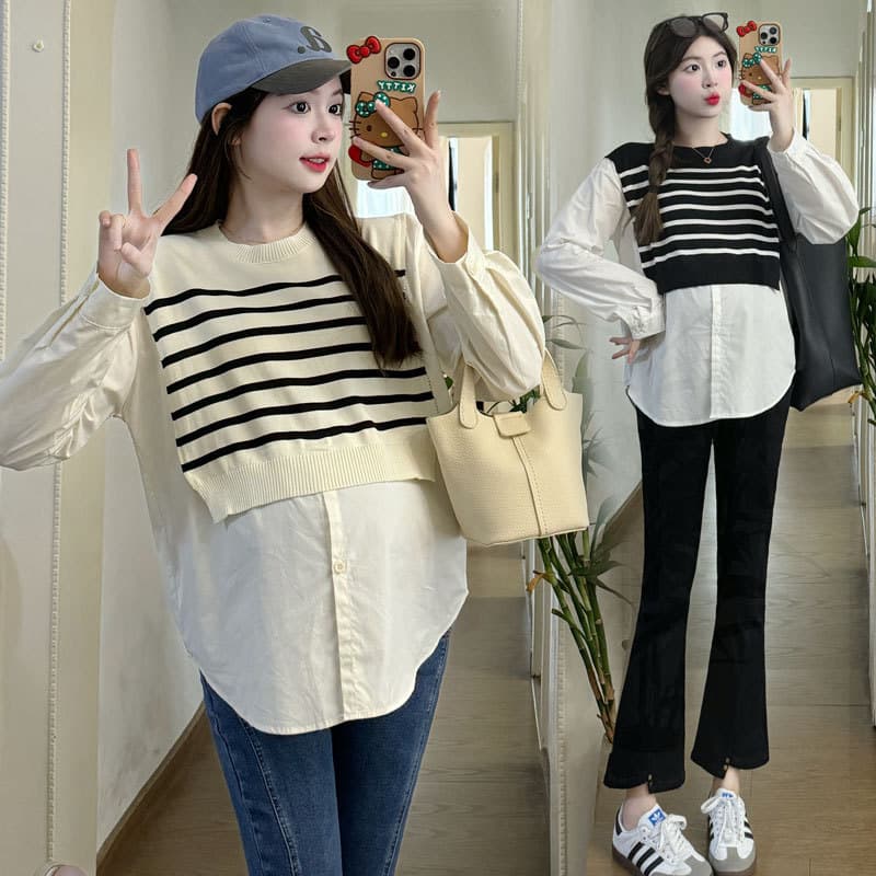 Maternity Wear Spring Fake Two-Piece Patchwork Striped Long Sleeve Shirt Spring Pregnancy Casual Top Internet Celebrity Doll Blouse Spring