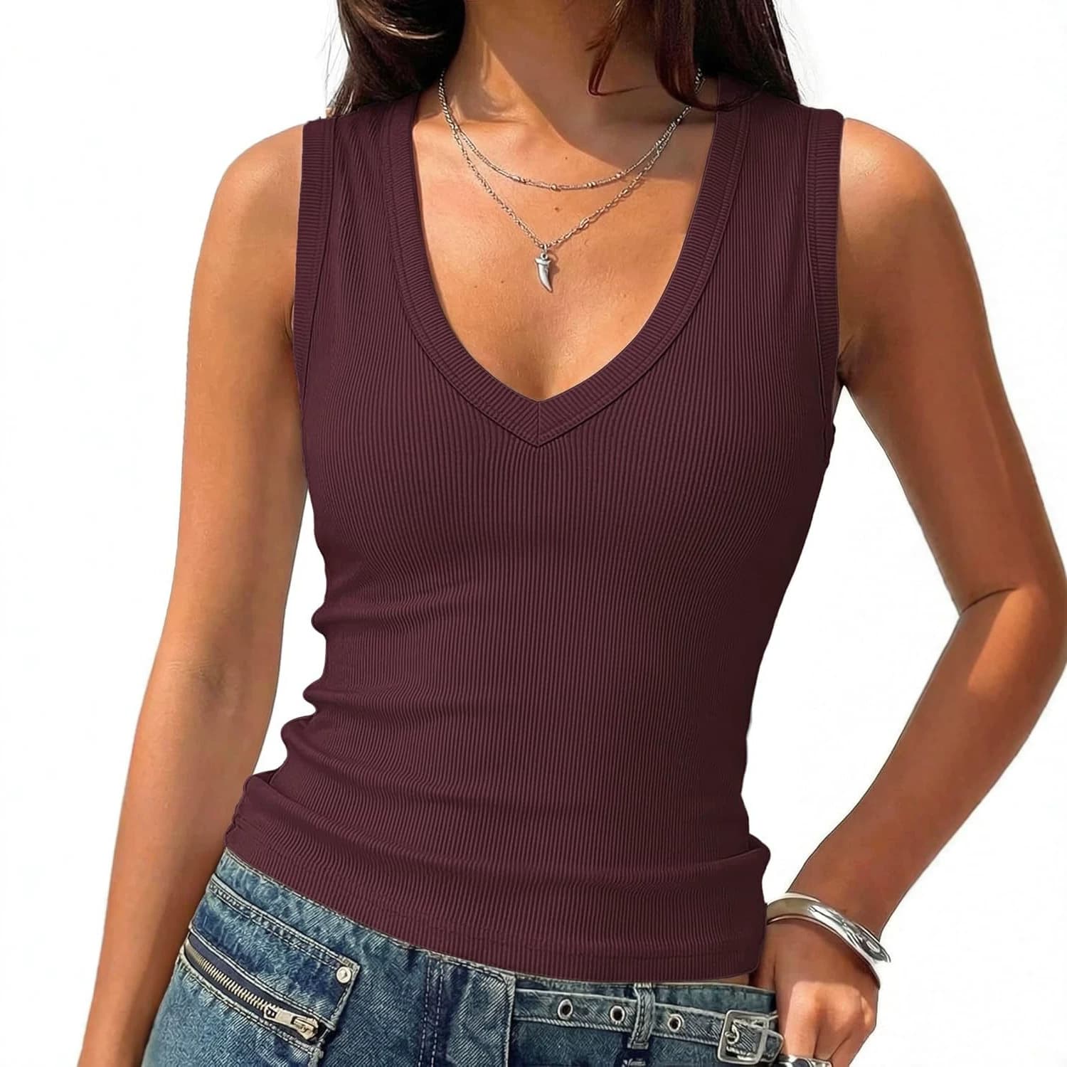 Deep V Neck Tank Top Women 2026 Amazon Summer Fashion Clothing Sexy Casual Ribbed Slim Fit Sleeveless