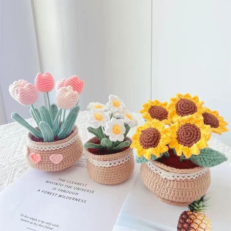 Hand Knitted DIY Yarn Flower Bouquet Material Kit Tulip Daisy Potted Plant Crochet Self-Made Decoration Z820