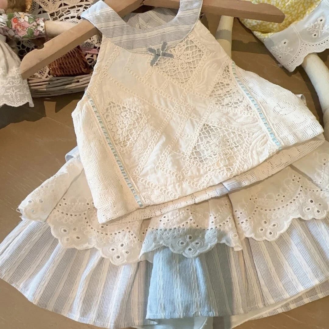 Girls Korean lady style suit summer new style halter neck hollow sleeveless top cake skirt two-piece set 26167